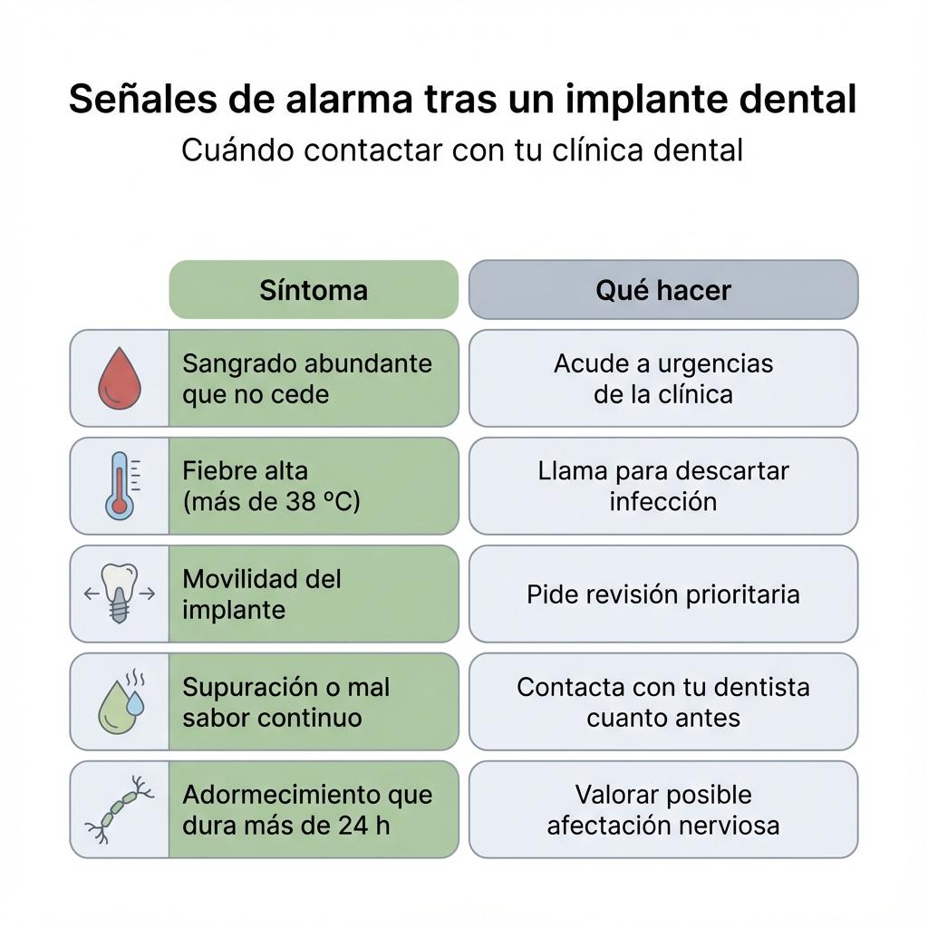 Diagrama que resume síntomas de alarma después de un implante dental y la acción recomendada en cada caso.