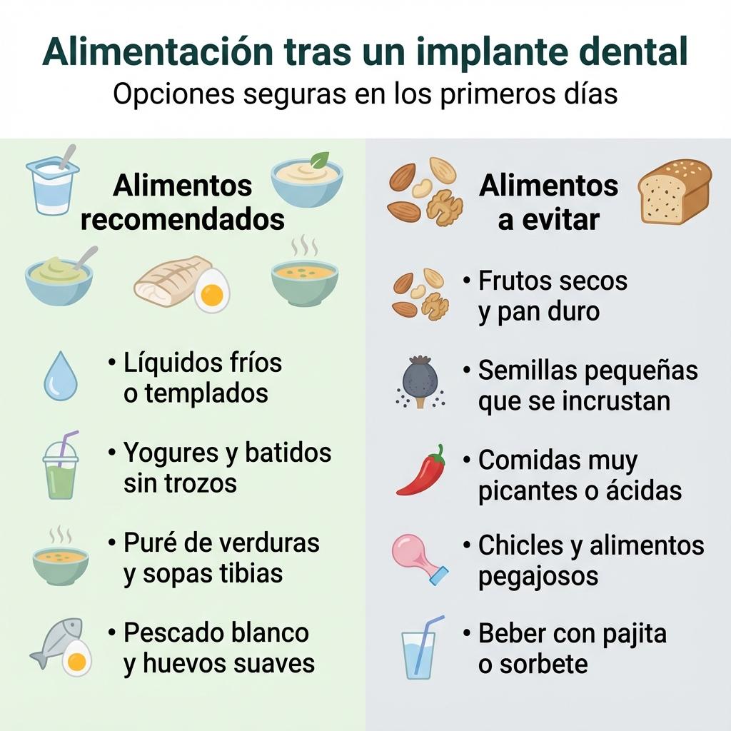 Infografía que compara alimentos recomendados y alimentos a evitar después de un implante dental.