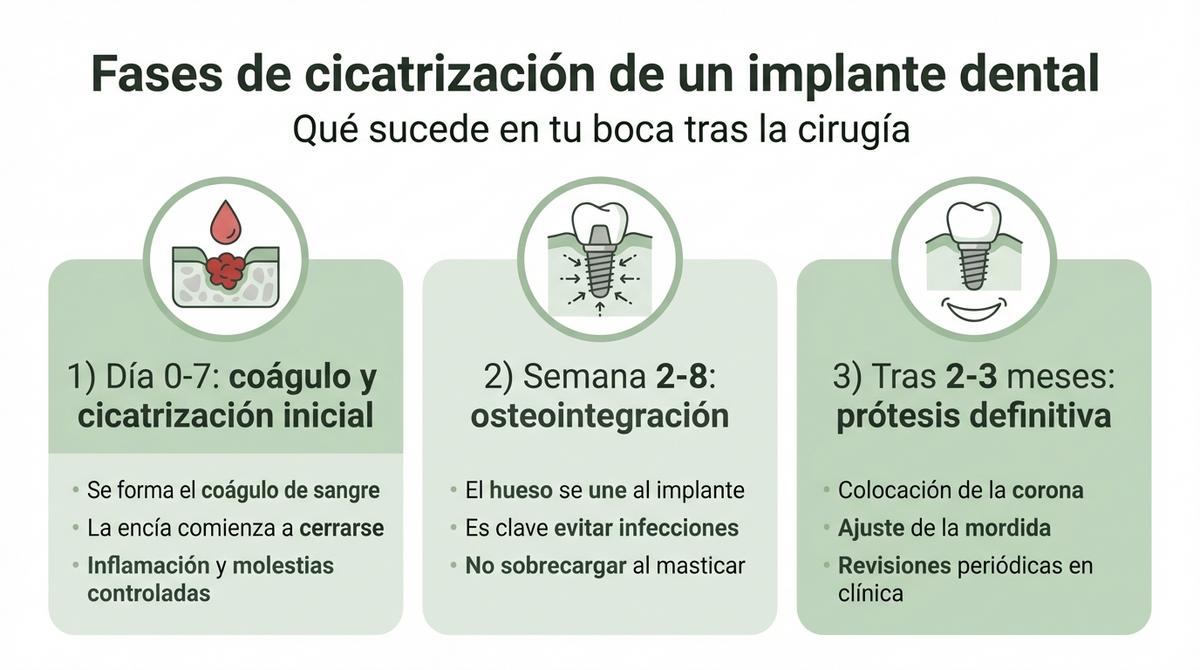 Infografía que muestra las fases de cicatrización de un implante dental desde la cirugía hasta la prótesis definitiva.