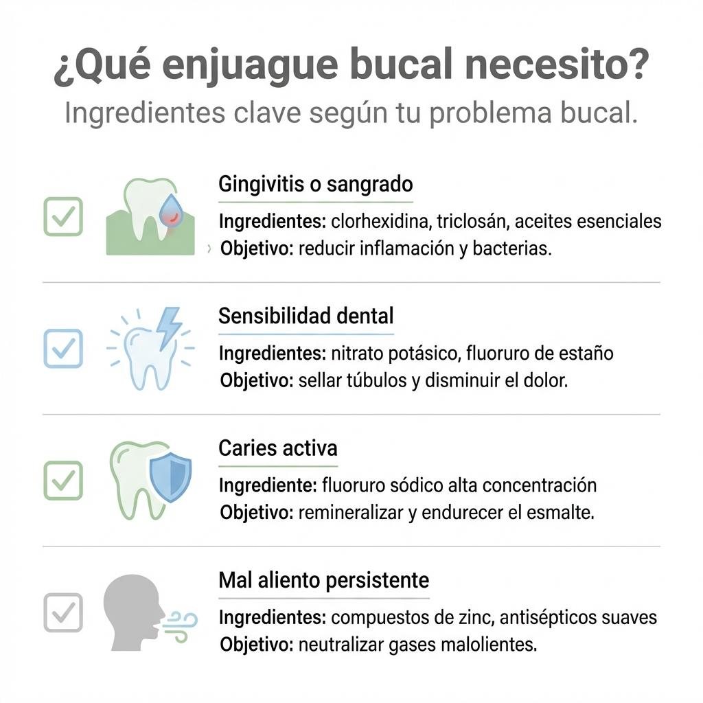 Diagrama de flujo que compara enjuagues bucales con alcohol y sin alcohol según la sensibilidad de la boca