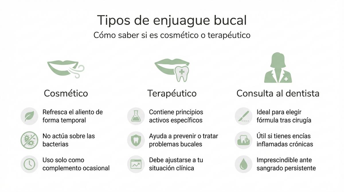 Infografía con una checklist de enjuagues bucales recomendados según distintos problemas orales