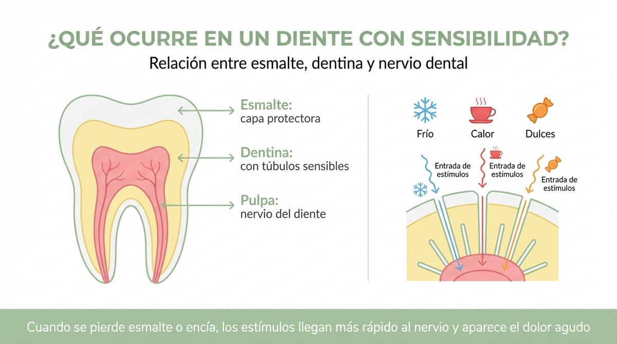 Infografía que compara las características de la sensibilidad dental con las de un dolor dental grave.