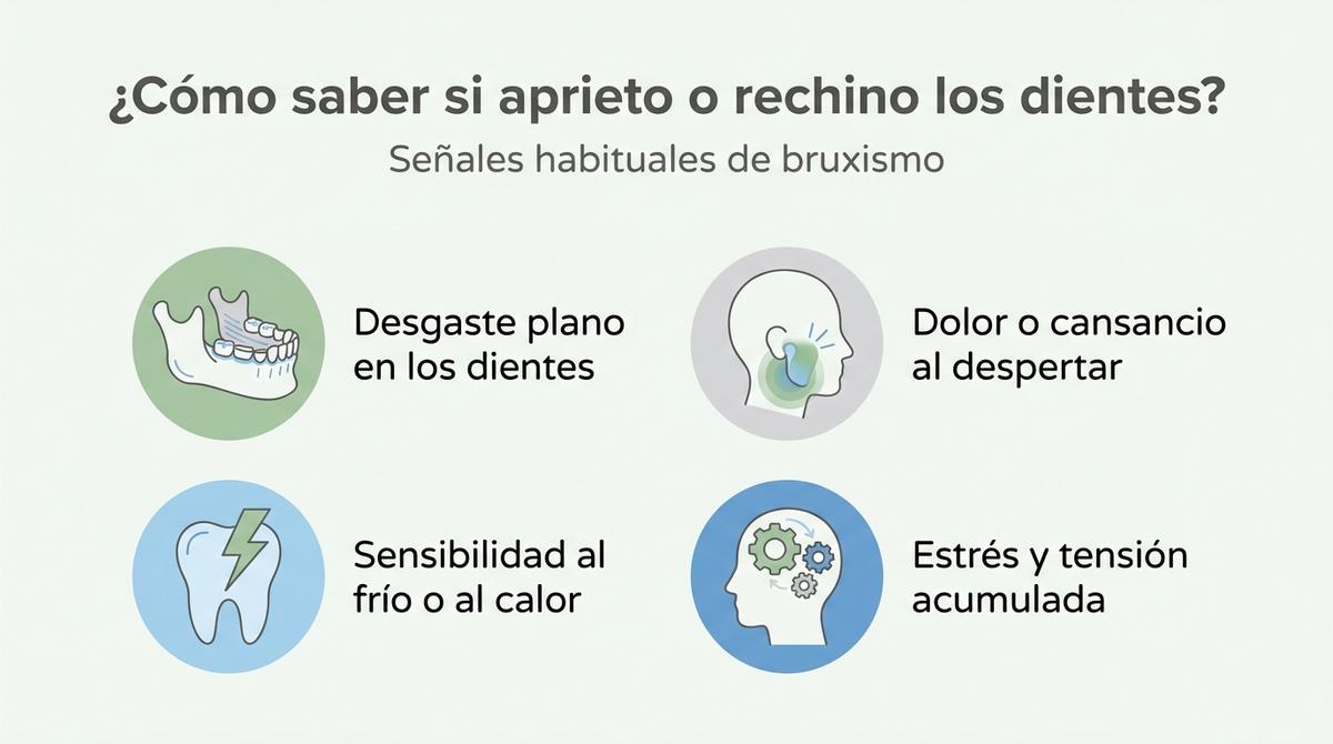 Diagrama con señales habituales de que una persona aprieta o rechina los dientes durante la noche.
