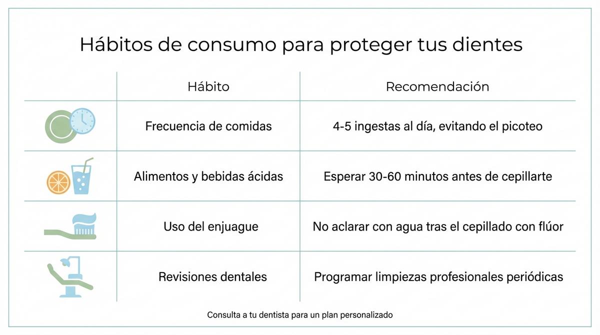 Diagrama en forma de tabla con hábitos de alimentación y recomendaciones para cuidar los dientes.
