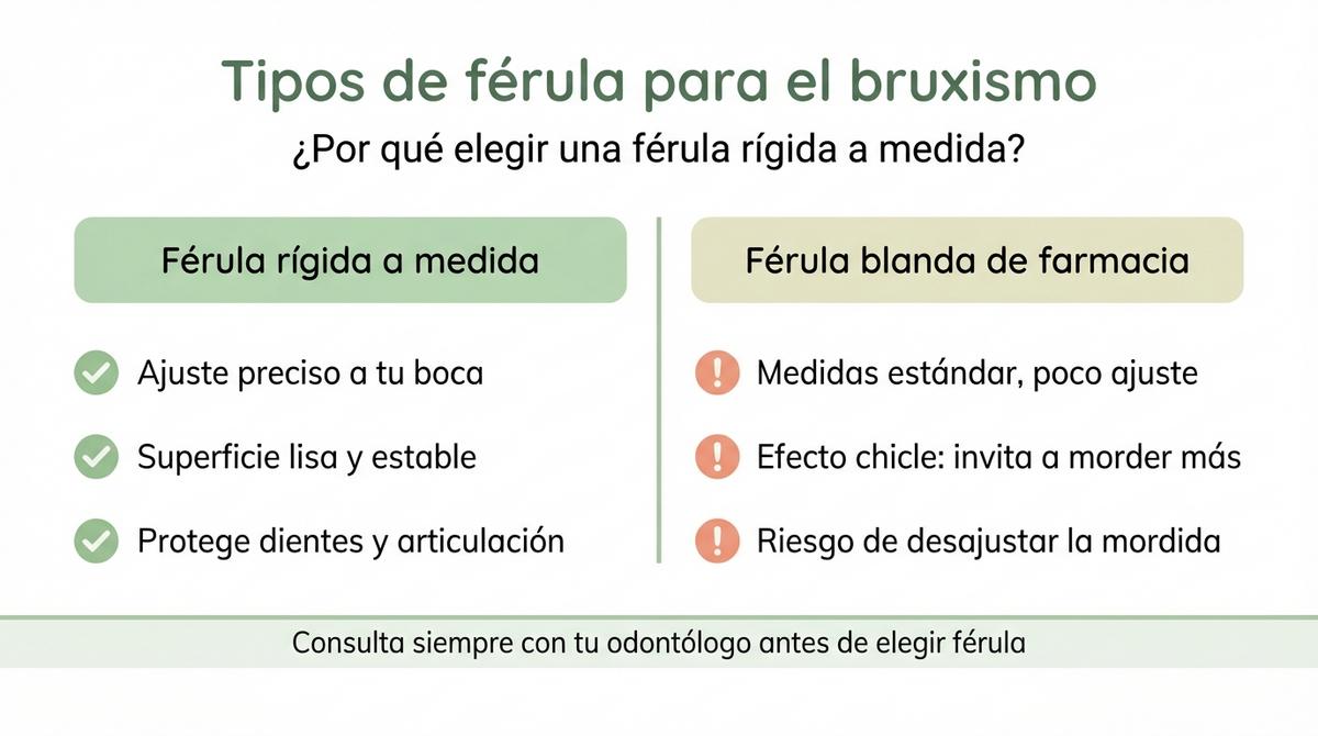 Infografía comparativa entre férula rígida a medida y férula blanda de farmacia para bruxismo.