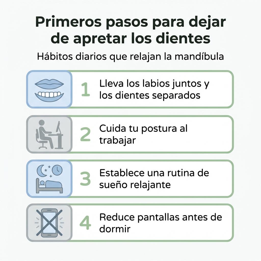 Infografía con pasos básicos para relajar la mandíbula y dejar de apretar los dientes.
