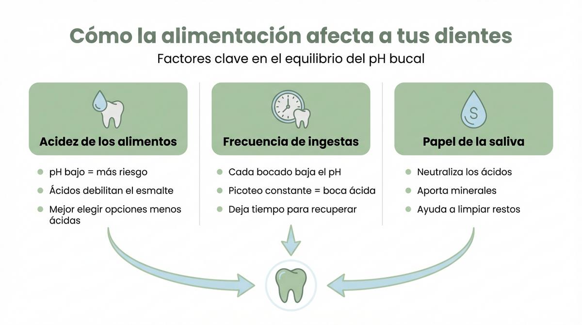 Infografía que explica cómo la acidez, la frecuencia de comidas y la saliva influyen en la salud dental.