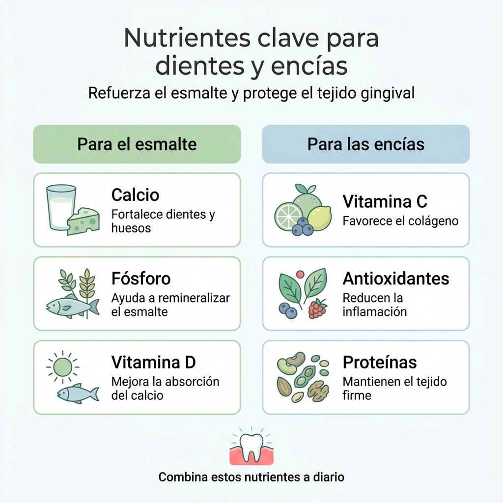 Infografía sobre nutrientes importantes para fortalecer el esmalte dental y cuidar las encías.