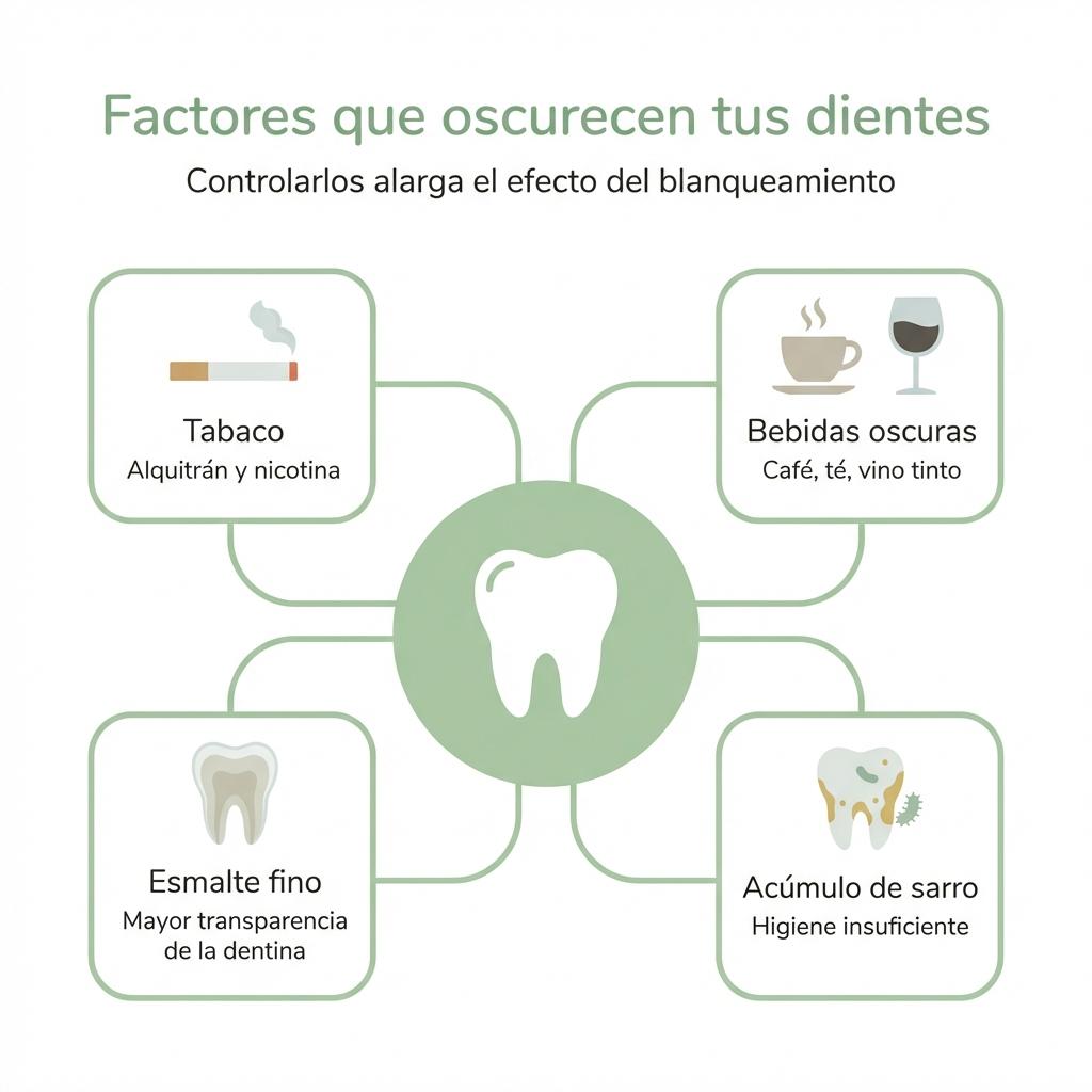 Diagrama con un diente central y cuatro factores que favorecen el oscurecimiento dental tras el blanqueamiento.
