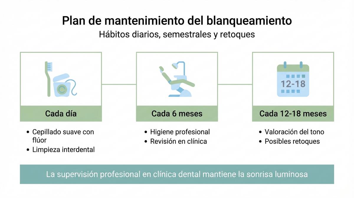 Diagrama en forma de línea de tiempo con los hábitos diarios, limpiezas semestrales y retoques anuales tras el blanqueamiento dental.
