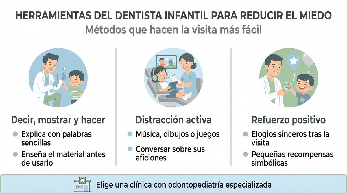 Infografía con técnicas profesionales para reducir el miedo de los niños al dentista.