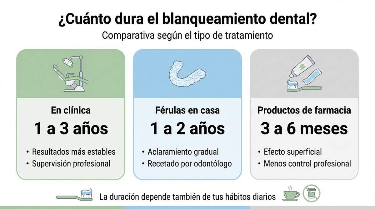 Infografía que compara la duración del blanqueamiento dental en clínica, con férulas en casa y con productos de farmacia.