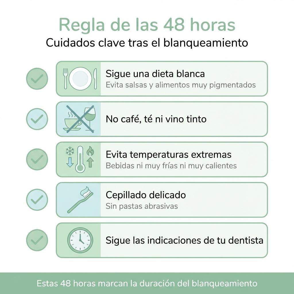 Infografía tipo checklist con los cuidados recomendados durante las primeras 48 horas tras un blanqueamiento dental.