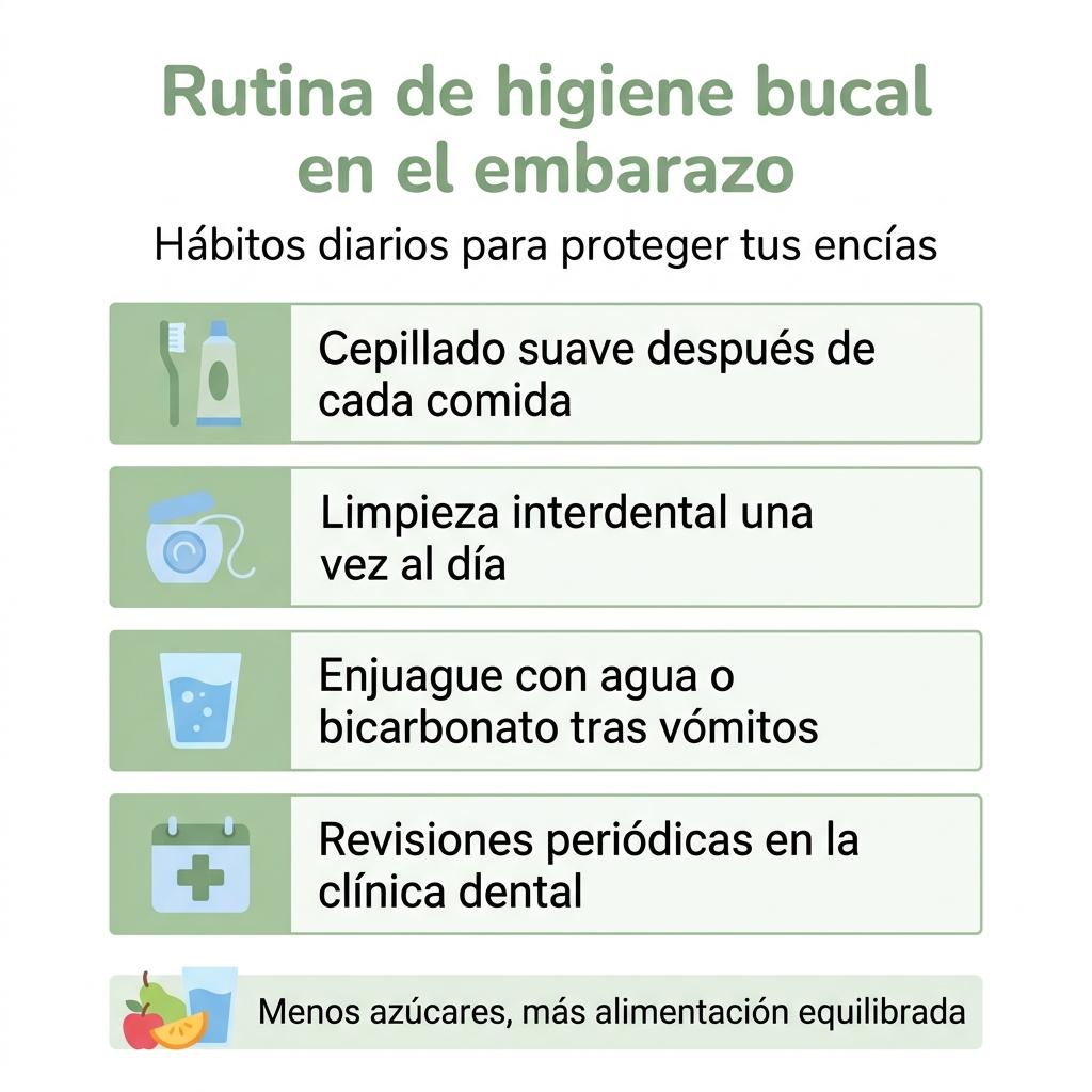 Checklist visual con los pasos básicos de higiene bucal recomendados durante el embarazo.