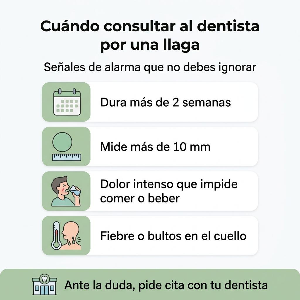 Diagrama que explica de forma esquemática en qué casos es necesario acudir al dentista por una llaga en la boca.