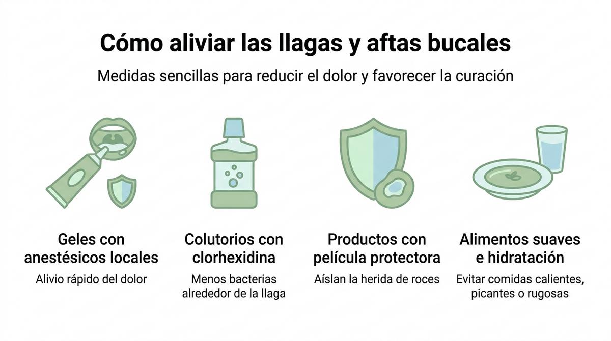 Diagrama visual con cuatro recomendaciones principales para aliviar el dolor de llagas y aftas bucales.