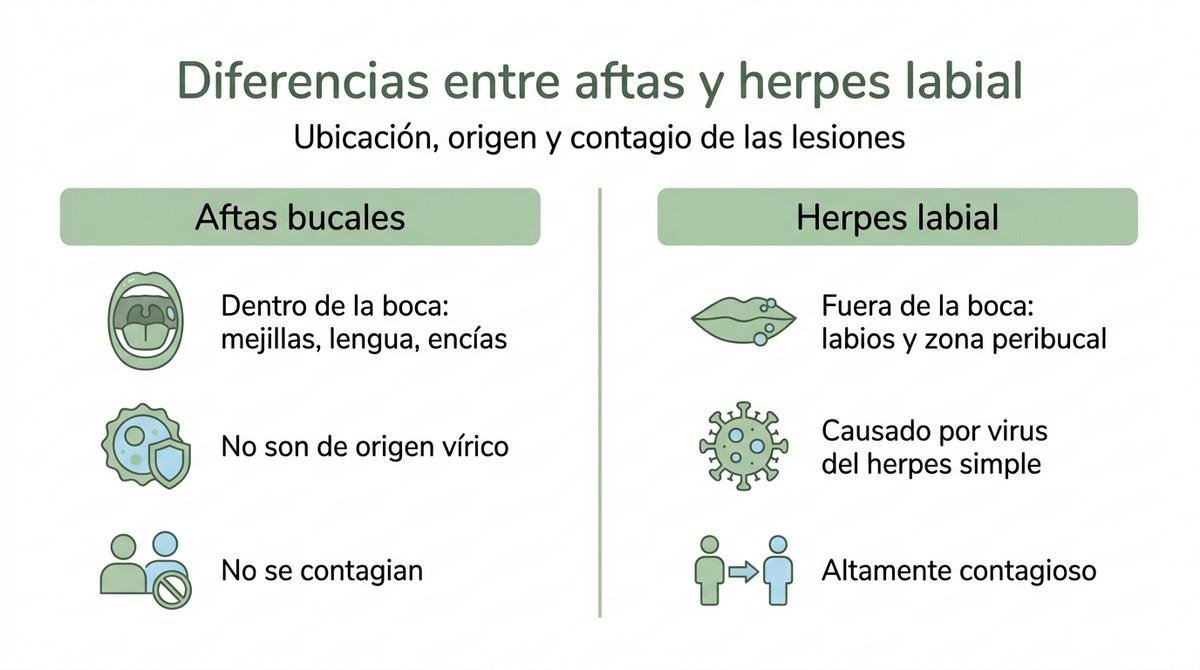 Infografía comparativa que muestra las diferencias principales entre aftas bucales y herpes labial.