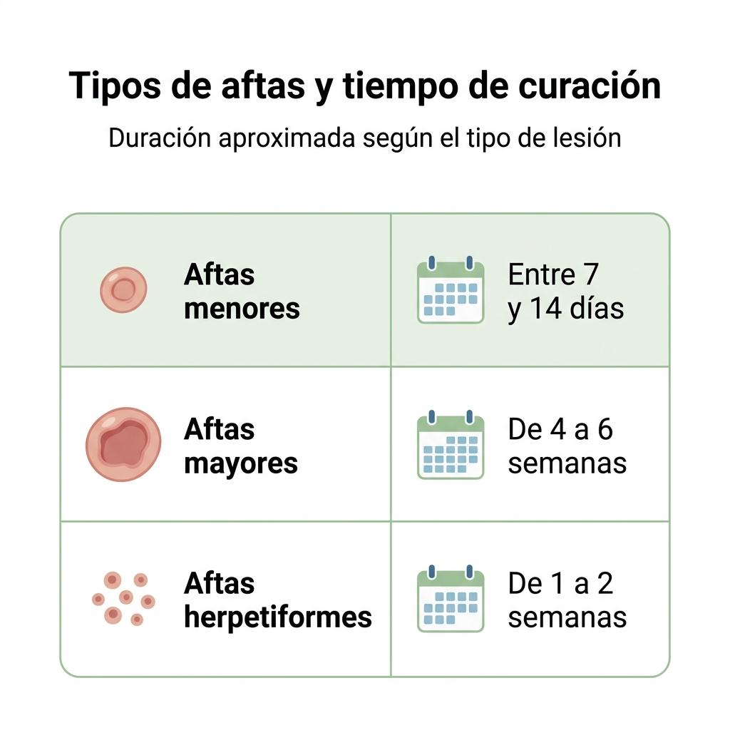 Infografía que resume los tipos de aftas bucales y su tiempo aproximado de curación.