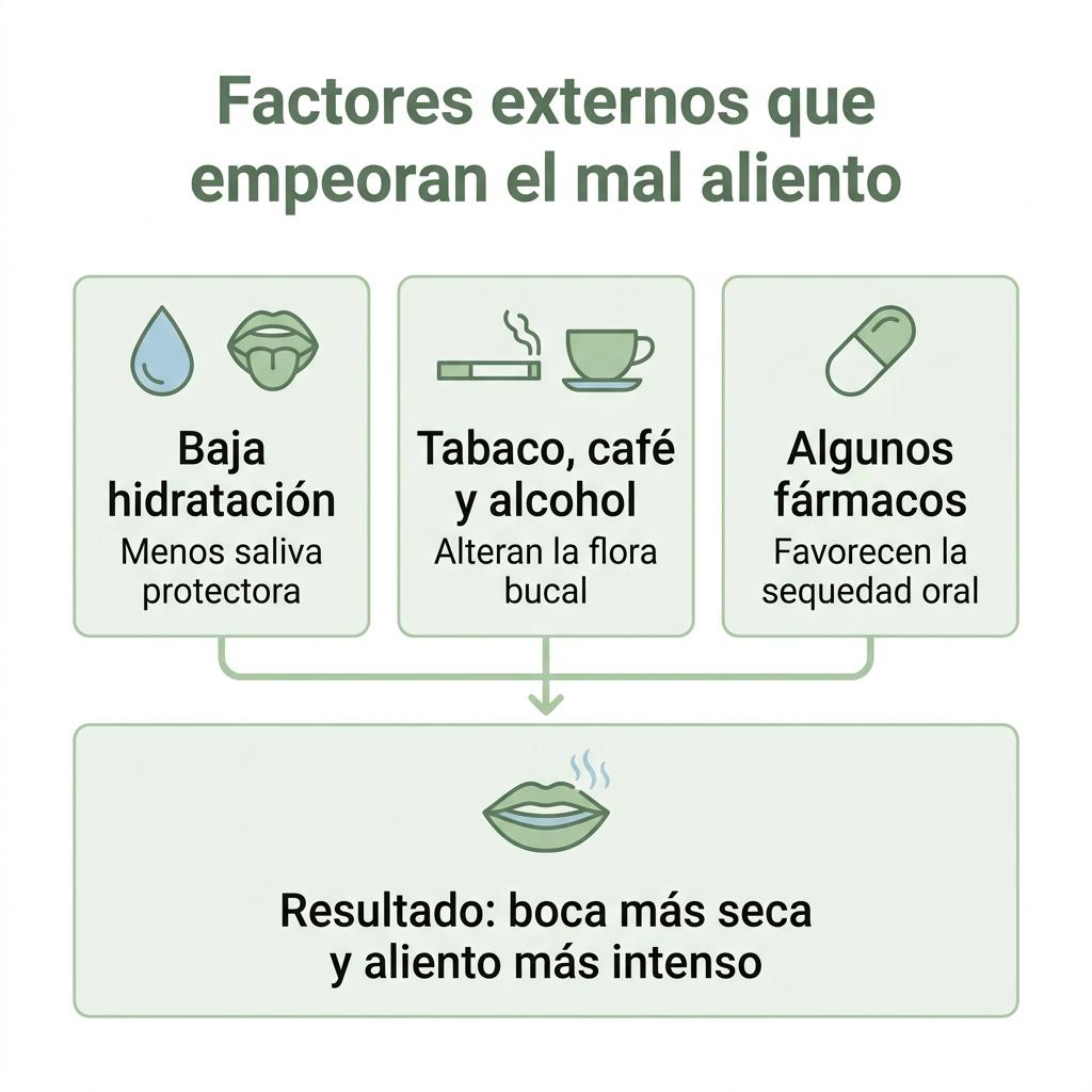 Diagrama que muestra cómo la deshidratación, el tabaco, el café, el alcohol y algunos medicamentos empeoran el mal aliento.