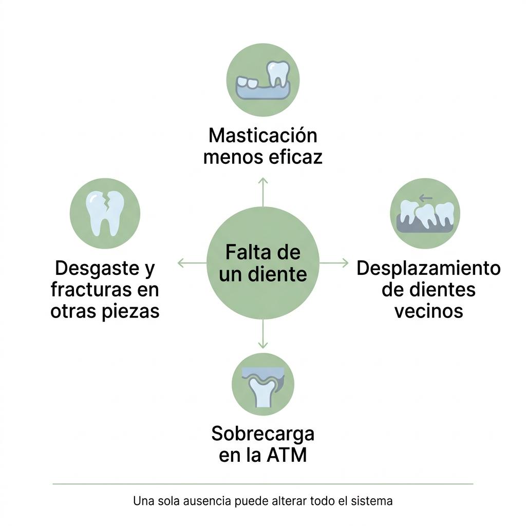Diagrama que relaciona la falta de un diente con problemas de masticación, desplazamiento dental, sobrecarga articular y fracturas en otras piezas.
