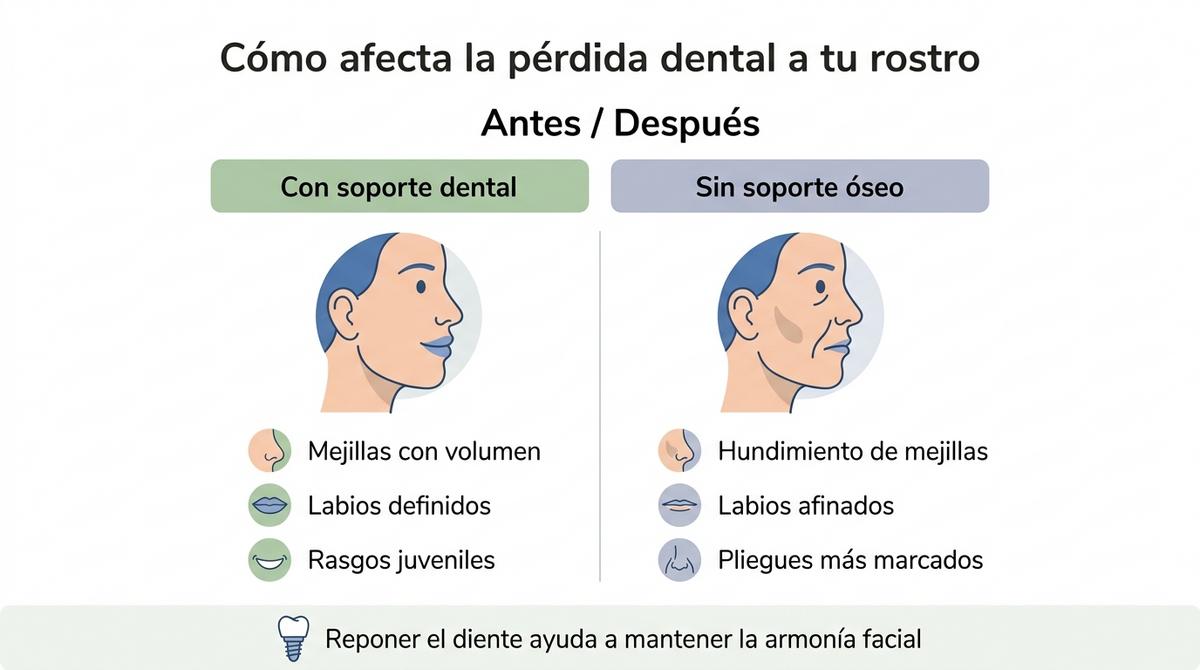 Infografía comparativa del rostro con buen soporte dental frente a un rostro con pérdida de hueso y hundimiento de mejillas por falta de dientes.