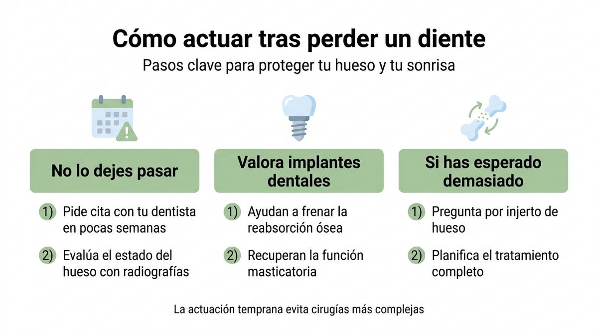 Infografía con pasos clave para actuar tras perder un diente, incluyendo acudir pronto al dentista, valorar implantes y considerar injerto de hueso si es necesario.