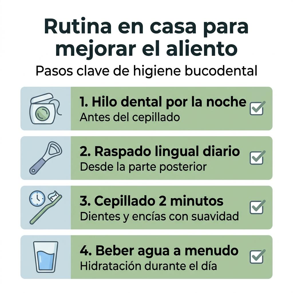 Infografía con una checklist de pasos de higiene diaria para mejorar el aliento y la salud bucodental.