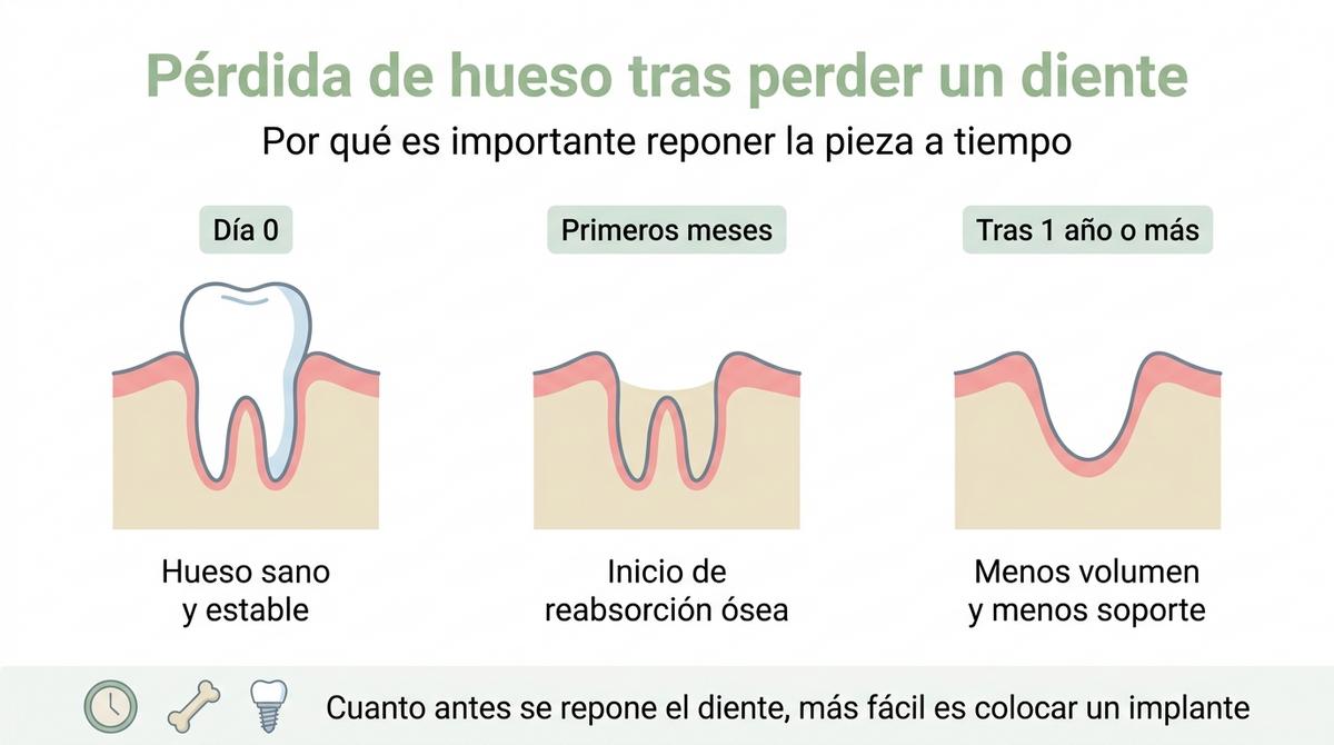 Infografía en tres etapas que muestra cómo se pierde hueso maxilar con el paso del tiempo después de perder un diente.