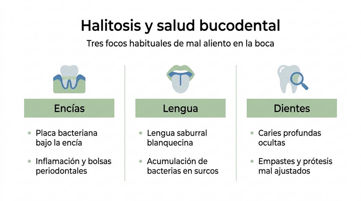 Infografía que resume los principales focos orales de mal aliento: encías, lengua y dientes.