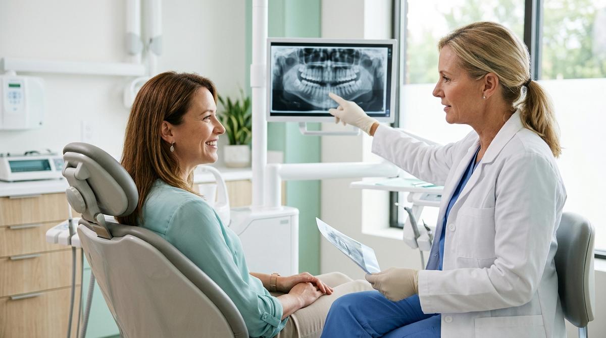 Paciente adulta hablando con su dentista en una clínica dental moderna mientras revisan su tratamiento.