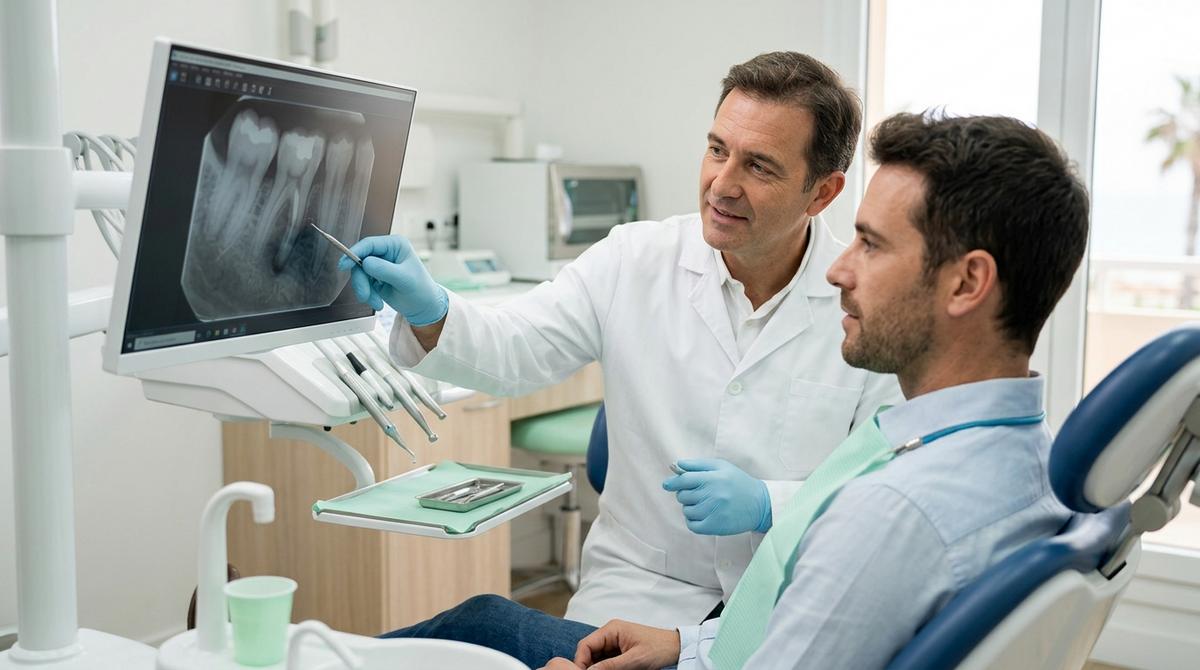 Dentista explicando a un paciente los riesgos de una infección dental en una clínica moderna.