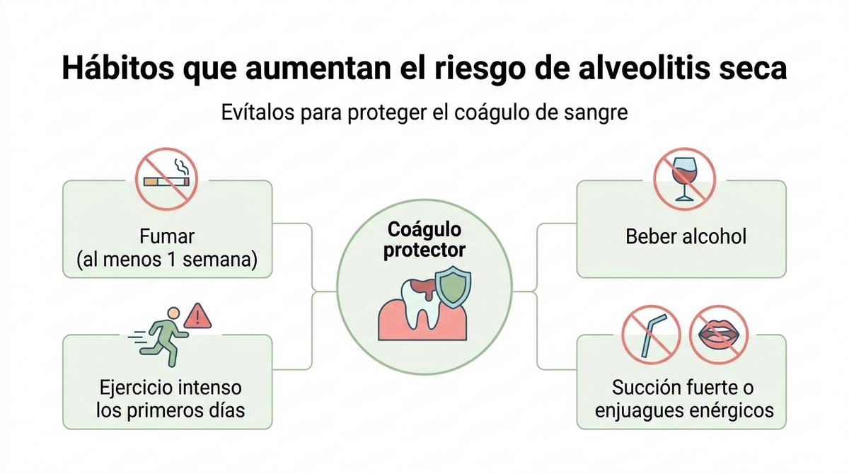 Diagrama con los principales hábitos que aumentan el riesgo de alveolitis seca después de una extracción de cordales