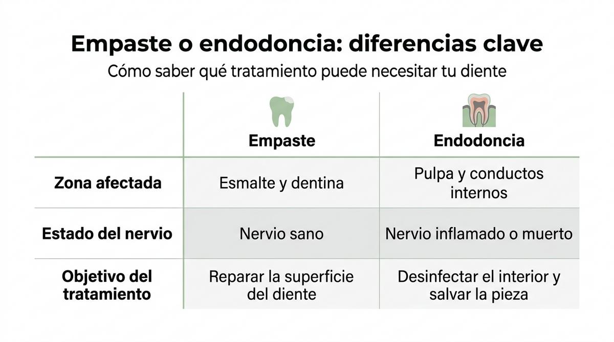 Infografía comparativa entre empaste dental y endodoncia resaltando sus diferencias principales.
