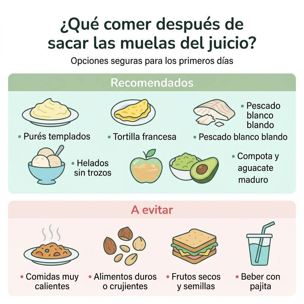 Infografía con ejemplos de alimentos recomendados y alimentos a evitar tras la extracción de las muelas del juicio