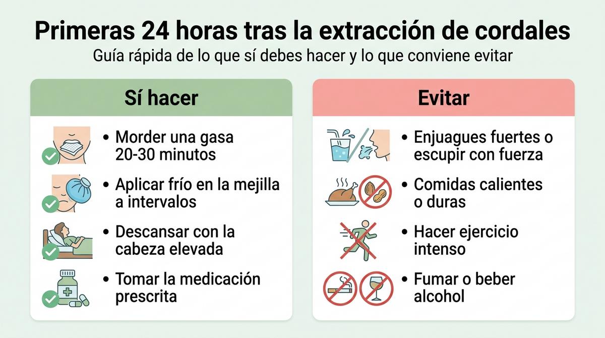 Infografía con lista de cuidados recomendados y acciones a evitar en las primeras 24 horas tras extraer las muelas del juicio