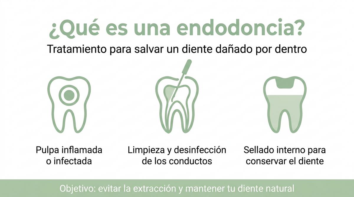 Infografía que explica de forma sencilla en qué consiste una endodoncia y su objetivo principal.