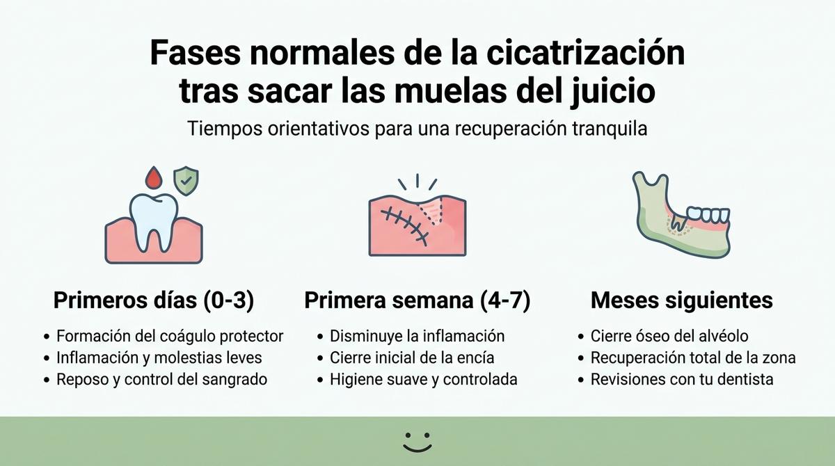 Infografía que resume las fases normales de cicatrización tras extraer las muelas del juicio
