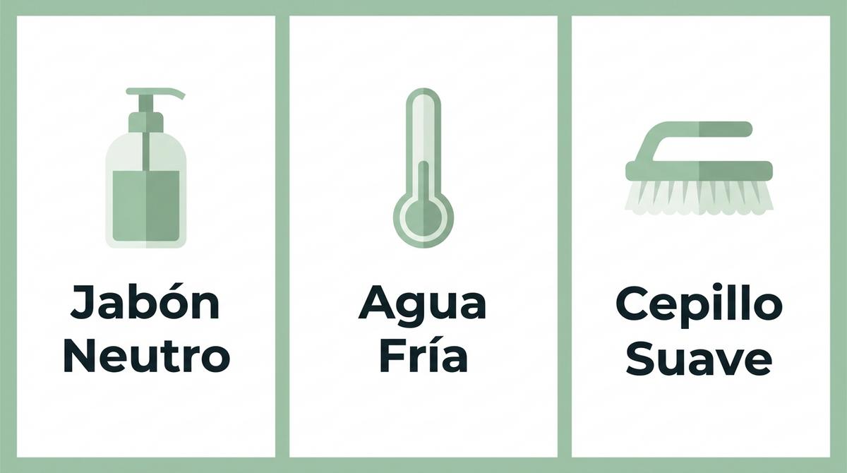 Infografía con los elementos básicos para limpiar alineadores invisibles: jabón neutro, agua fría y cepillo suave