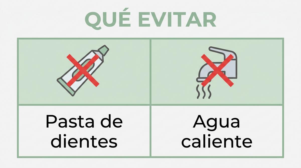 Infografía de cosas que evitar al limpiar alineadores: pasta de dientes y agua caliente