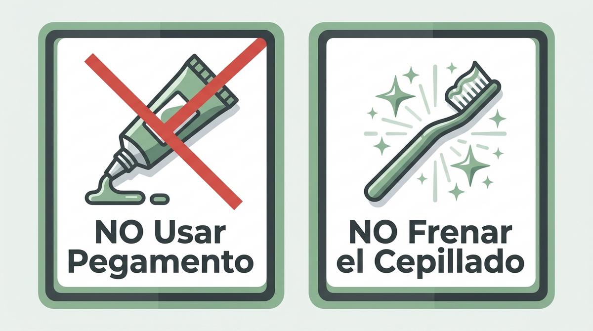 Infografía de advertencia sobre no usar pegamentos domésticos ni abandonar el cepillado dental.
