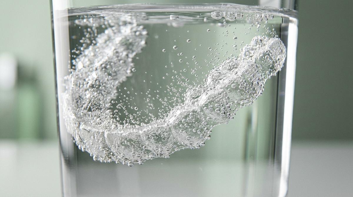 Primer plano de un alineador transparente en agua con burbujas de limpieza efervescente