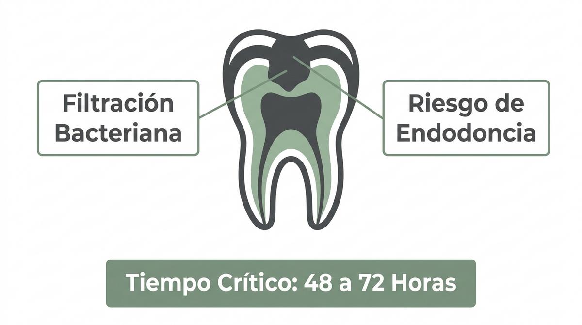 Diagrama anatómico sobre los riesgos de dejar un diente expuesto a bacterias y sufrir daño en el nervio.