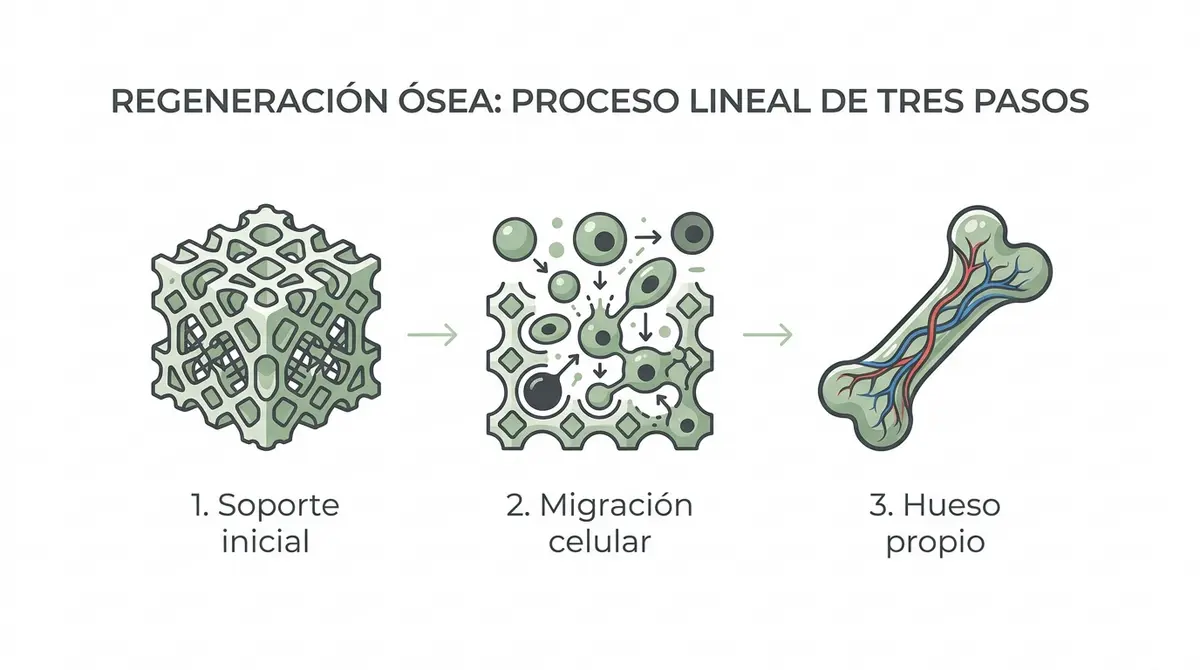 Infografía en tres pasos que explica el proceso del injerto óseo como andamio biológico para la formación de hueso propio.