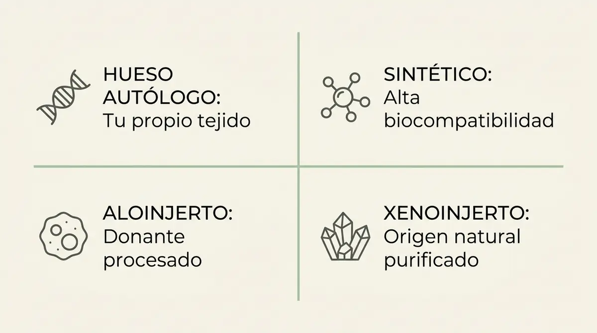 Tabla comparativa de cuatro cuadrantes con los tipos de materiales para injerto de hueso dental.