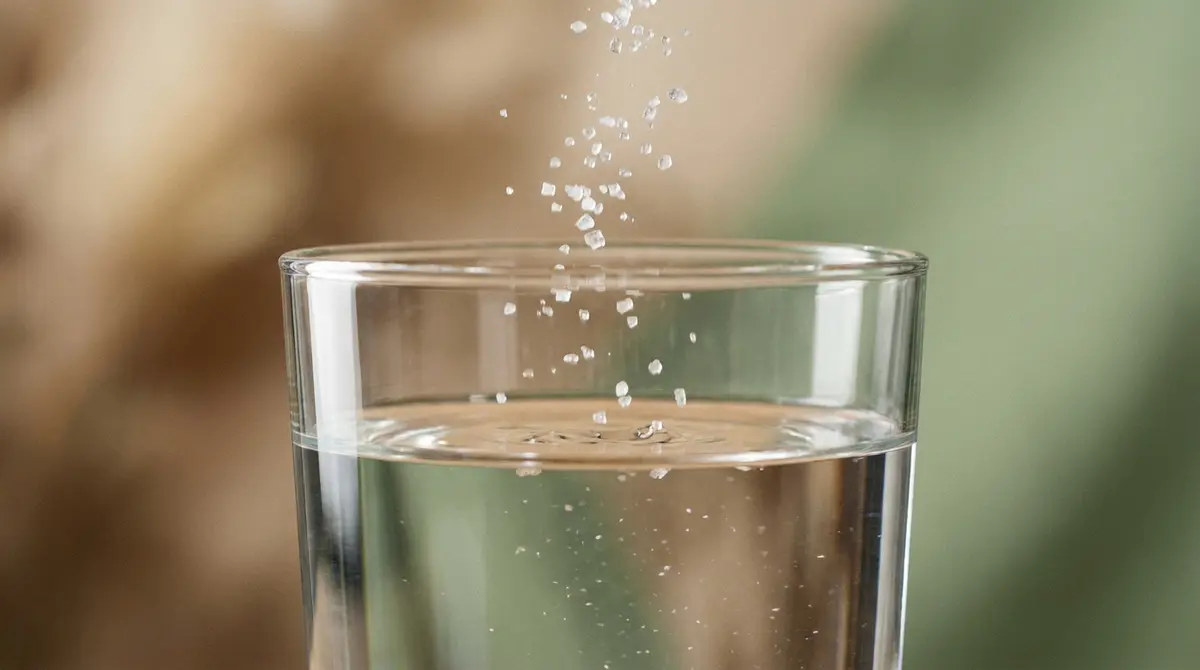 Vaso de cristal con agua tibia y sal marina para enjuagues bucales calmantes