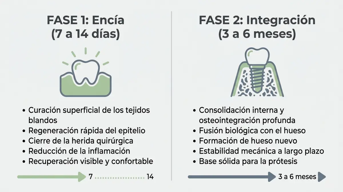 Línea de tiempo de cicatrización que compara el proceso de curación superficial de la encía frente a la osteointegración profunda del injerto.