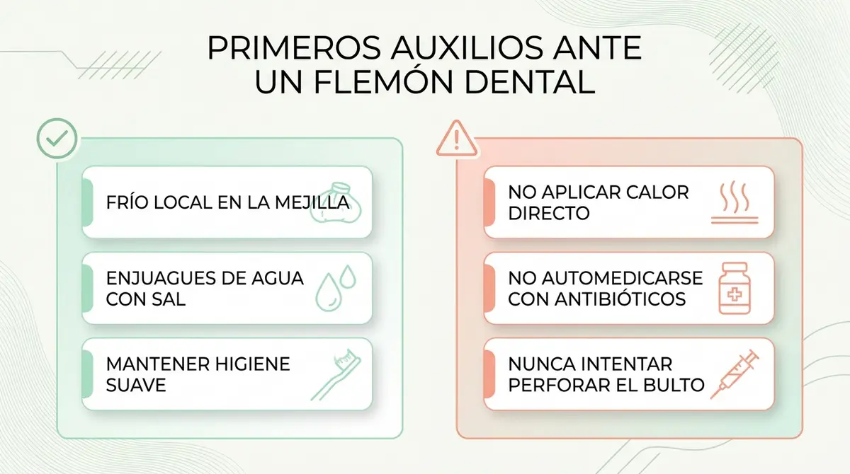Infografía de primeros auxilios ante un flemón dental con recomendaciones de frío local y errores a evitar.