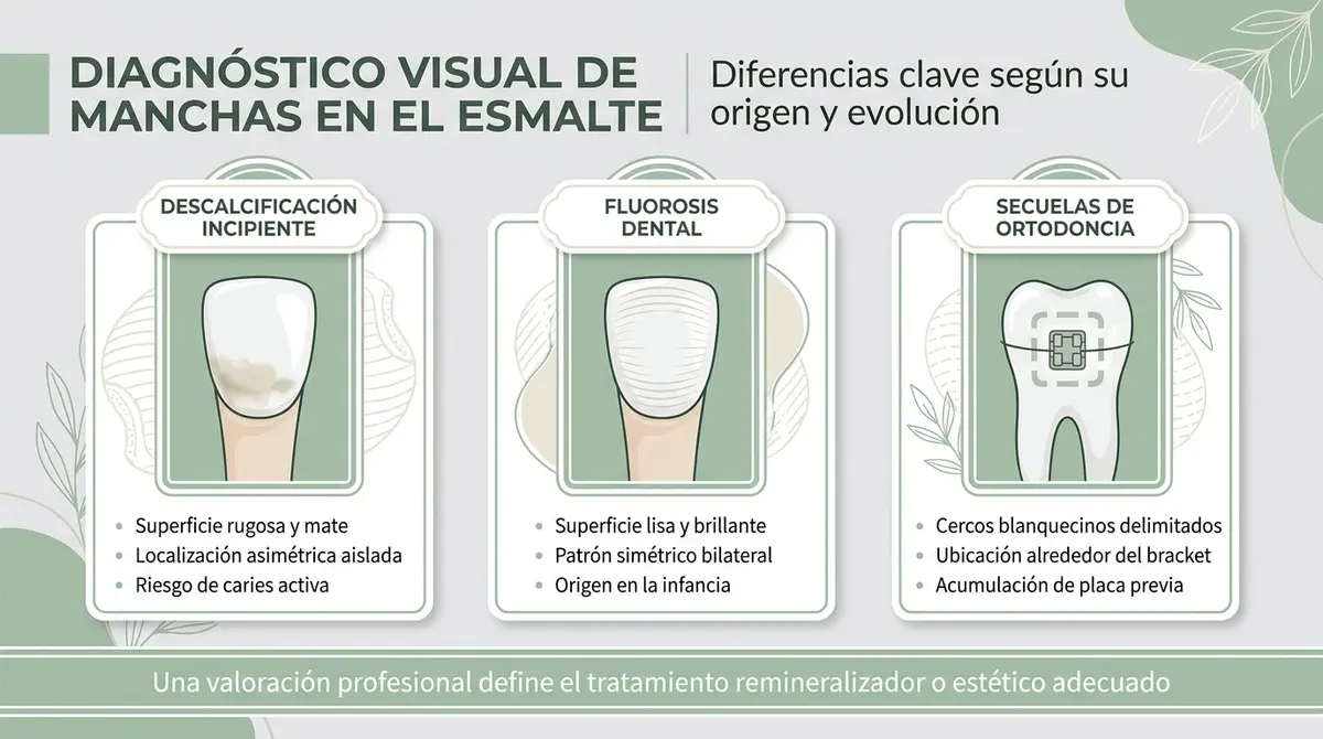 Infografía comparativa sobre las diferencias visuales entre descalcificación, fluorosis y marcas de ortodoncia en los dientes
