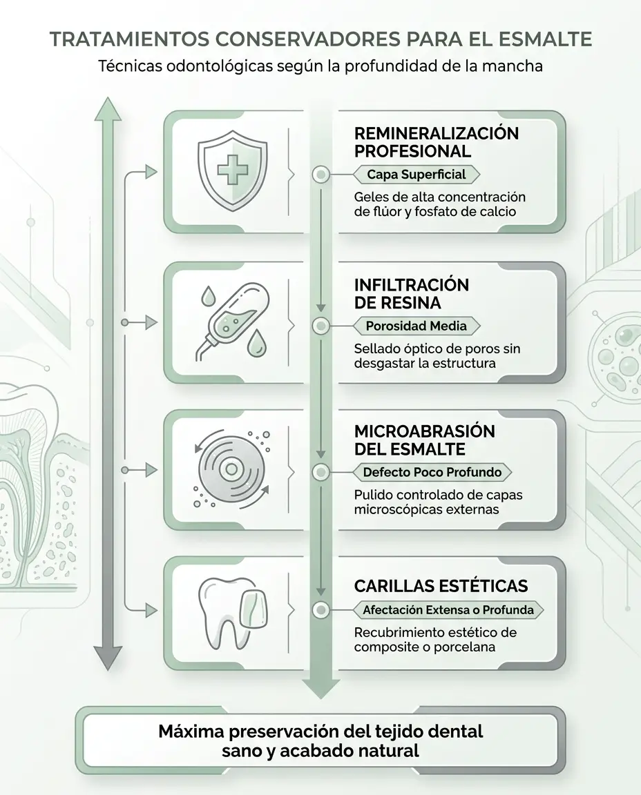 Esquema de tratamientos conservadores para eliminar manchas blancas en el esmalte según su profundidad