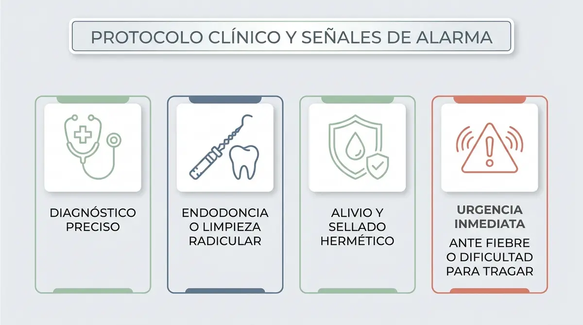 Diagrama clínico del protocolo de tratamiento del flemón dental y señales de alarma médica.